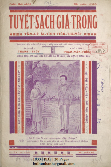 Tuyết Sanh Giá Trong Cuốn 1 (NXB Bảo Tồn 1933) - Thanh Thủy, 20 Trang