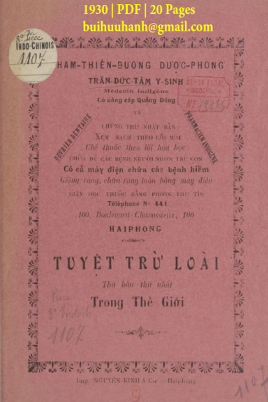 Tuyệt Trừ Loài Thù Hằn Thứ Nhất Trong Thế Giới (NXB Nguyễn Kính 1930) - Trần Đức Tâm, 20 Trang