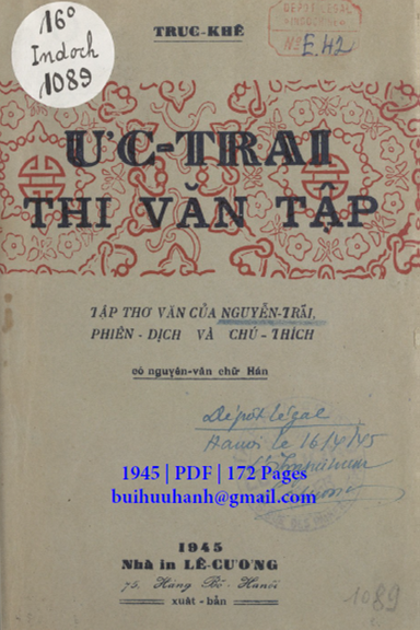 Ức Trai Thi Văn Tập (NXB Lê Cương 1945) - Trúc Khê, 172 Trang