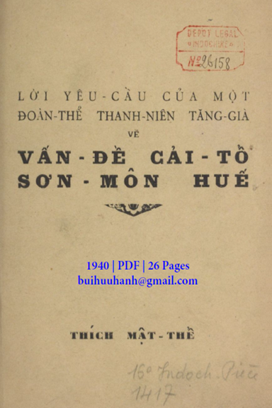 Vấn Đề Cải Tổ Sơn Môn Huế (NXB Viên Đề 1940) - Thích Mật Thể, 26 Trang