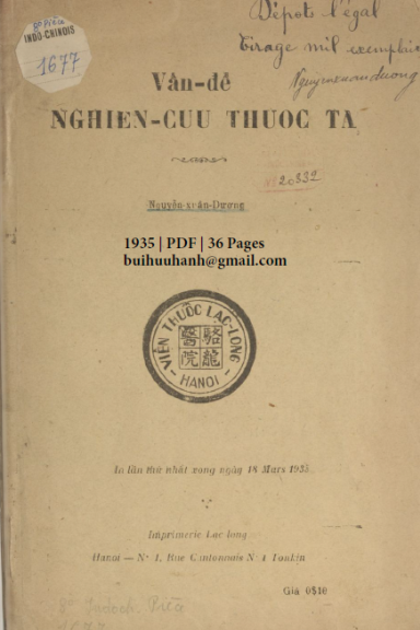 Vấn Đề Nghiên Cứu Thuốc Ta (NXB Lạc Long 1935) - Nguyễn Xuân Dương, 36 Trang