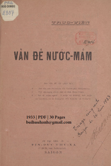 Vấn Đề Nước Mắm (NXB Tín Đức Thư Xã 1933) - Trúc Viên, 30 Trang