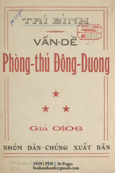 Vấn Đề Phòng Thủ Đông Dương (NXB Dân Chúng 1939) - Trí Bình, 36 Trang