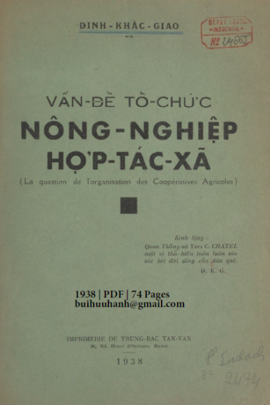 Vấn Đề Tổ Chức Nông Nghiệp Hợp Tác Xã (NXB Trung Bắc Tân Văn 1938) - Đinh Khắc Giao, 74 Trang