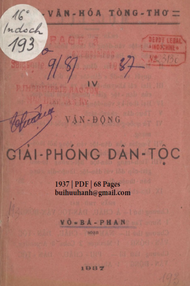 Vận Động Giải Phóng Dân Tộc (NXB Bảo Tồn 1937) - Võ Bá Phan, 68 Trang