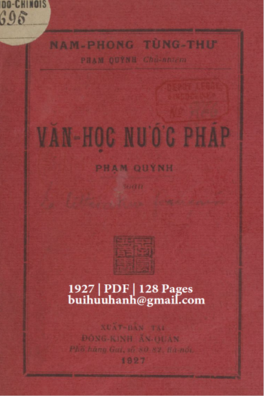 Văn Học Nước Pháp (NXB Đông Kinh 1927) - Phạm Quỳnh, 128 Trang