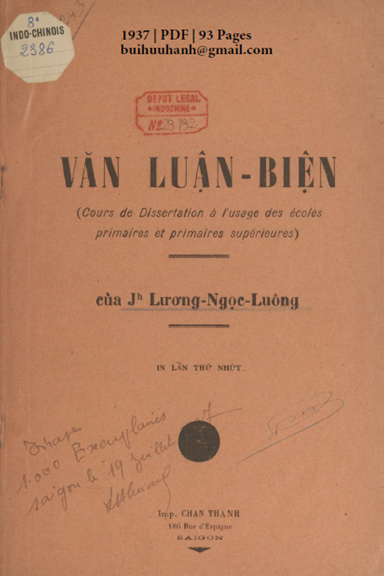 Văn Luận Biện (NXB Chấn Thanh 1937) - Lương Ngọc Luông, 93 Trang