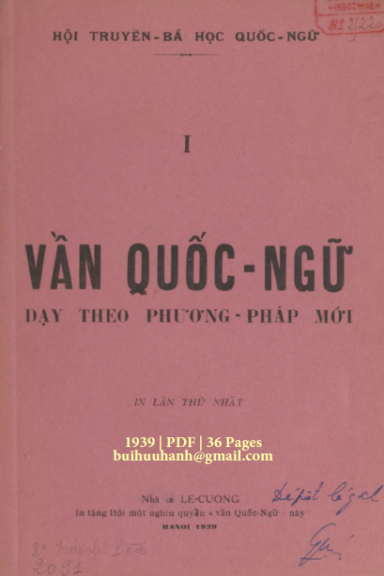 Vần Quốc Ngữ Dạy Theo Phương Pháp Mới Quyển 1 (NXB Lê Cường 1939) - Trần Văn Giáp, 36 Trang