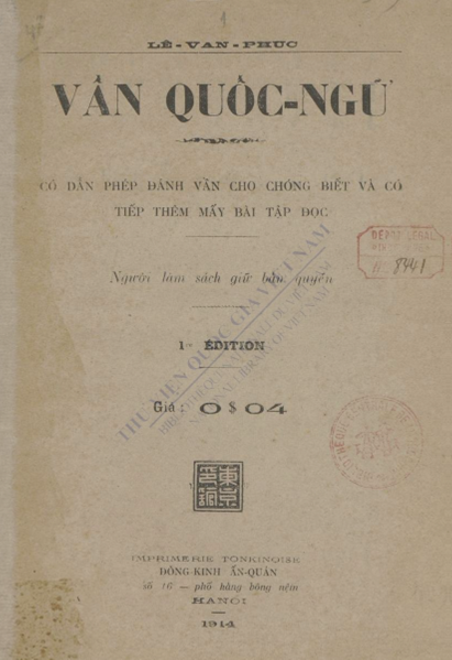 Vần Quốc Ngữ (NXB Đông Kinh 1914) - Lê Văn Phúc, 16 Trang