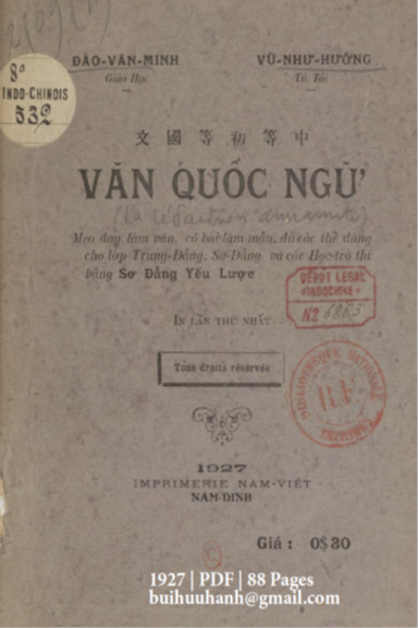 Văn Quốc Ngữ (NXB Nam Việt 1927) - Đào Văn Minh, 88 Trang