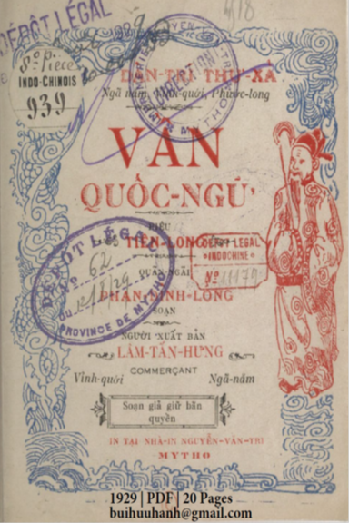 Vần Quốc Ngữ (NXB Nguyễn Văn Tri 1929) - Phan Đình Long, 20 Trang