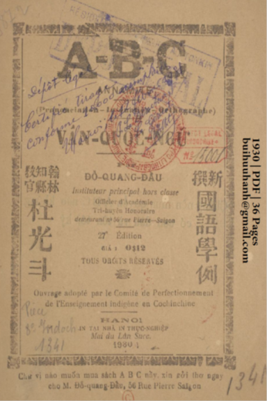 Vần Quốc Ngữ (NXB Thực Nghiệp 1930) - Đỗ Quang Đẩu, 36 Trang