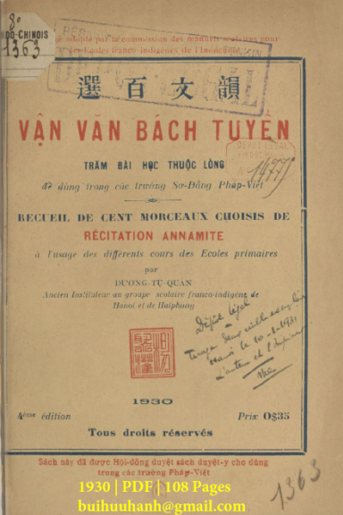 Vận Văn Bách Tuyển (NXB Đông Tây 1930) - Dương Tụ Quán, 108 Trang