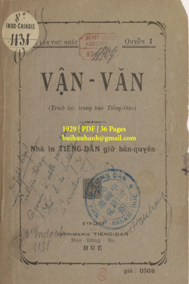 Vận Văn Quyển 1 (NXB Tiếng Dân 1929) - Nhiều Tác Giả, 36 Trang