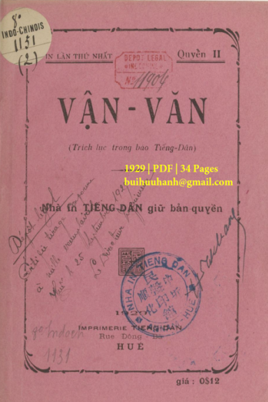 Vận Văn Quyển 2 (NXB Tiếng Dân 1929) - Nhiều Tác Giả, 34 Trang