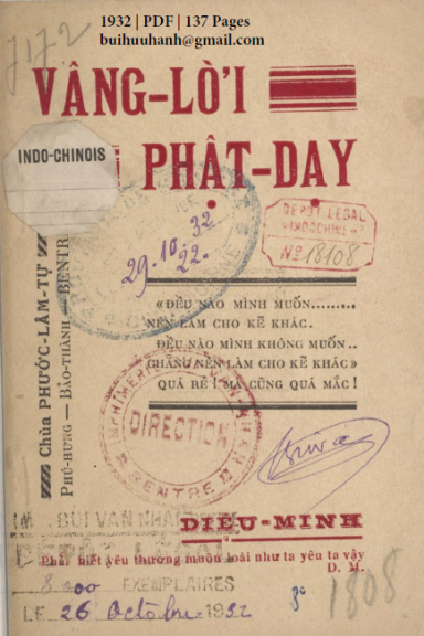 Vâng Lời Phật Dạy (NXB Bùi Văn Nhẩn 1932) - Diệu Minh, 137 Trang