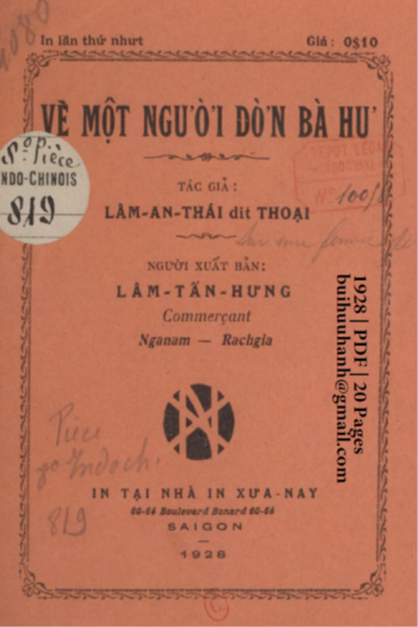 Vè Một Người Đờn Bà Hư (NXB Xưa Nay 1928) - Lâm An Thái, 20 Trang