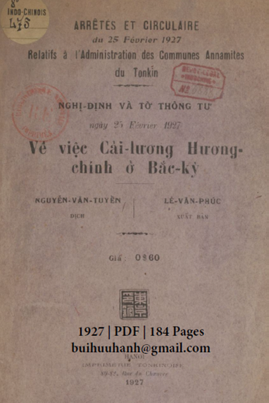 Về Việc Cải Lương Hương Chính Ở Bắc Kỳ (NXB Đông Kinh 1927) - Nguyễn Văn Tuyền, 184 Trang