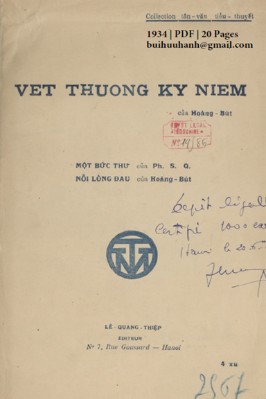 Vết Thương Kỷ Niệm (NXB Lê Cường 1934) - Hoàng Bút, 20 Trang