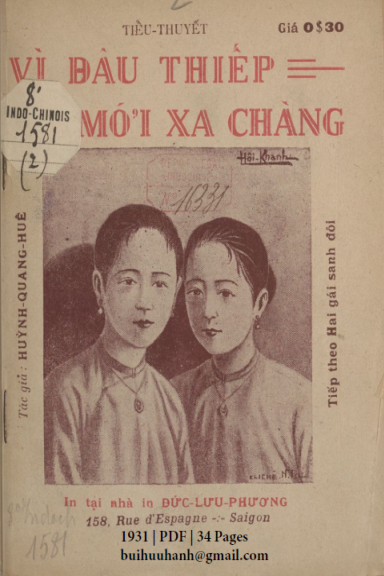 Vì Đâu Thiếp Mới Xa Chàng (NXB Đức Lưu Phương 1931) - Huỳnh Quang Huê, 34 Trang