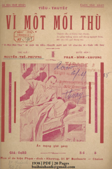 Vì Một Mối Thù Cuốn 1 (NXB Bảo Tồn 1938) - Nguyễn Thế Phương, 20 Trang