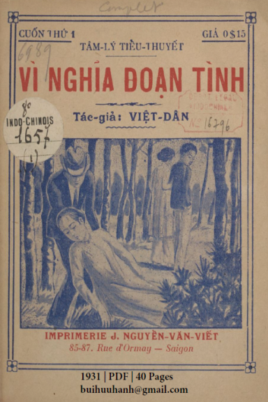 Vì Nghĩa Đoạn Tình Cuốn 1 (NXB Nguyễn Văn Viết 1931) - Việt Dân, 40 Trang