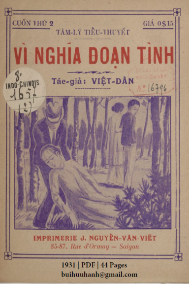 Vì Nghĩa Đoạn Tình Cuốn 2 (NXB Nguyễn Văn Viết 1931) - Việt Dân, 44 Trang