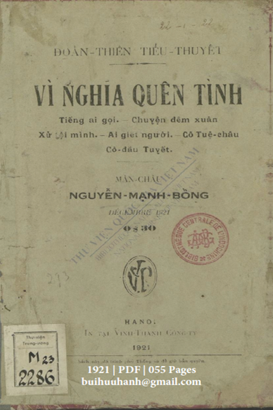 Vì Nghĩa Quên Tình (NXB Vĩnh Thành 1921) - Nguyễn Mạnh Bổng, 55 Trang