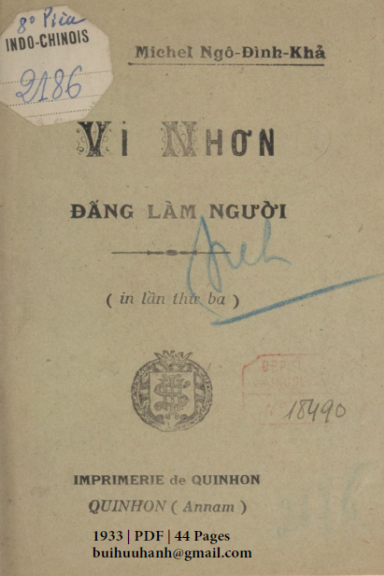 Vi Nhơn Đấng Làm Người (NXB Qui Nhơn 1933) - Ngô Đình Khả, 44 Trang