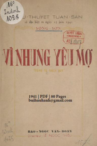 Vì Nhung Yêu Mợ (NXB Bảo Ngọc Văn Đoàn 1941) - Song Sơn, 80 Trang