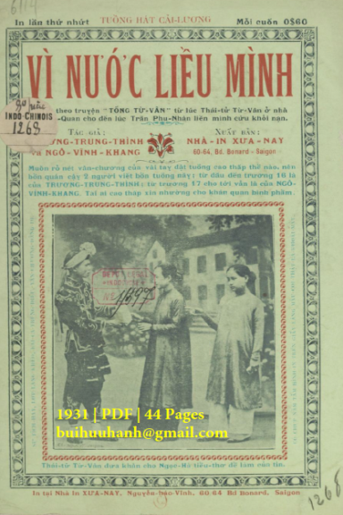 Vì Nước Liều Mình (NXB Xưa Nay 1931) - Ngô Vĩnh Khang, 44 Trang