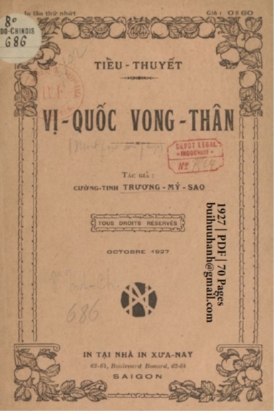 Vị Quốc Vong Thân (NXB Xưa Nay 1927) - Trương Mỷ Sao, 70 Trang