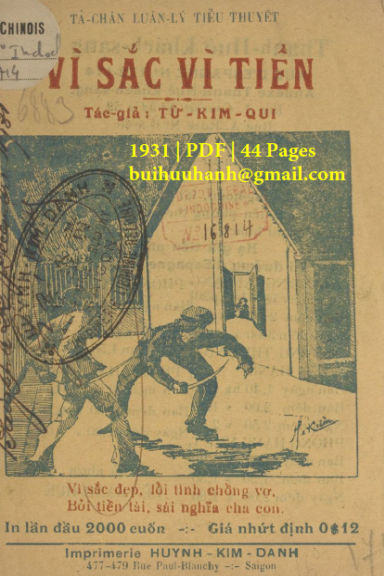 Vì Sắc Vì Tiền (NXB Huỳnh Kim Danh 1931) - Từ Kim Qui, 44 Trang