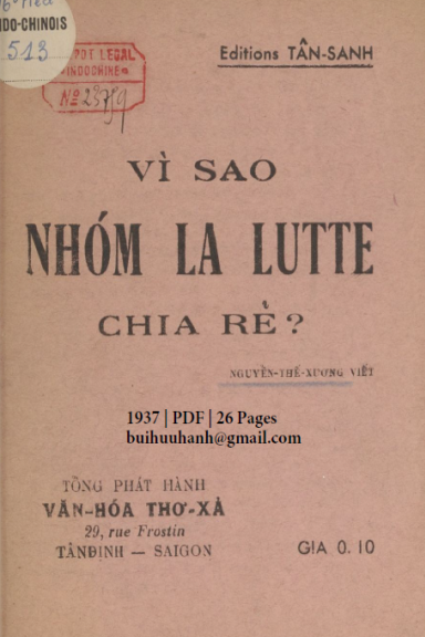 Vì Sao Nhóm La Lutte Chia Rẽ (NXB Văn Hóa Thơ Xã 1937) - Nguyễn Thế Xương, 26 Trang