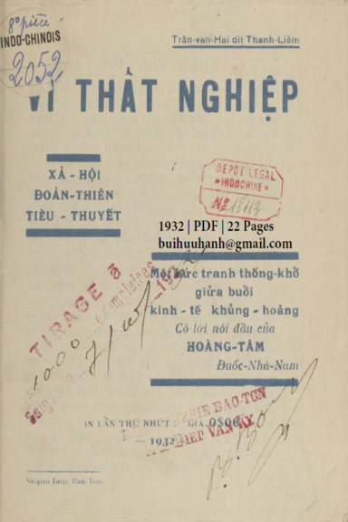 Vì Thất Nghiệp (NXB Bảo Tồn 1932) - Trần Văn Hai, 22 Trang
