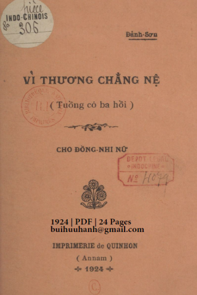Vì Thương Chẳng Nệ (NXB Qui Nhơn 1924) - Đảnh Sơn, 24 Trang