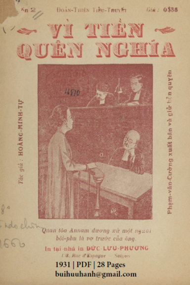 Vì Tiền Quên Nghĩa Cuốn 2 (NXB Đức Lưu Phương 1931) - Hoàng Minh Tự, 28 Trang