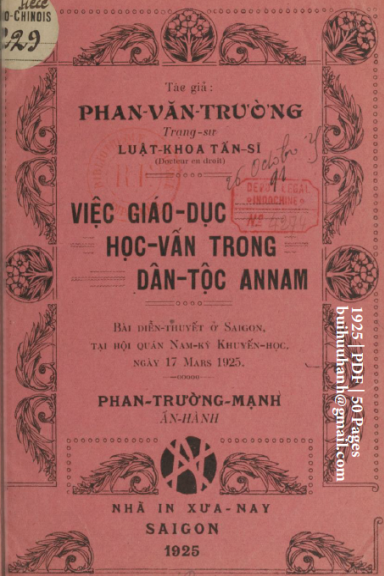 Việc Giáo Dục Học Vấn Trong Dân Tộc Annam (NXB Xưa Nay 1925) - Phan Văn Trường, 50 Trang