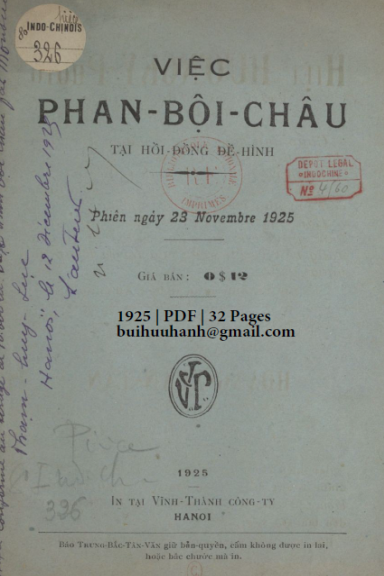 Việc Phan Bội Châu Tại Hội Đồng Đề Hình (NXB Vĩnh Thành 1925) - Nhiều Tác Giả, 32 Trang