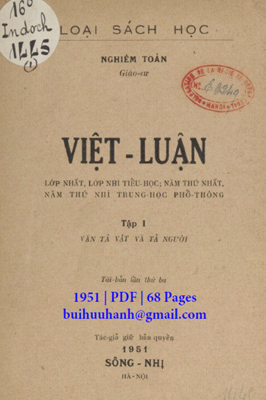 Việt Luận Tập 1-Văn Tả Vật Và Tả Người (NXB Sông Nhị 1951) - Nghiêm Toản, 68 Trang