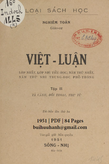 Việt Luận Tập 2-Tả Cảnh, Đối Thoại, Thư Từ (NXB Sông Nhị 1951) - Nghiêm Toản, 84 Trang