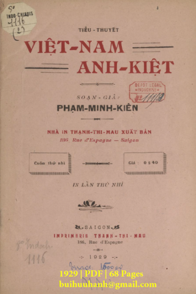 Việt Nam Anh Kiệt Cuốn 2 (NXB Thạnh Thị Mậu 1929) - Phạm Minh Kiên, 68 Trang