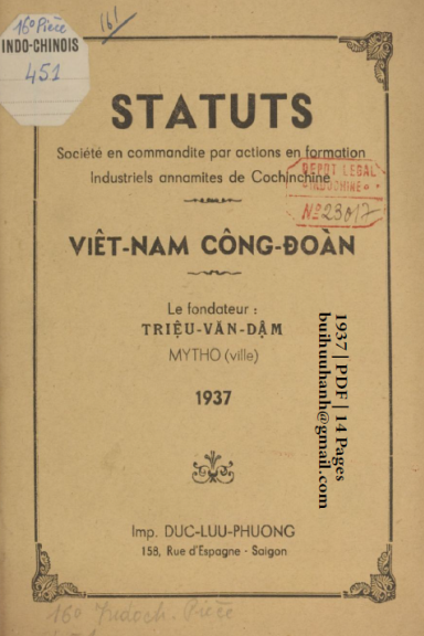 Việt Nam Công Đoàn (NXB Đức Lưu Phương 1937) - Triệu Văn Dậm, 14 Trang