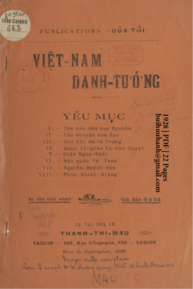 Việt Nam Danh Tướng (NXB Thạnh Thị Mậu 1928) - Vương Quang, 22 Trang