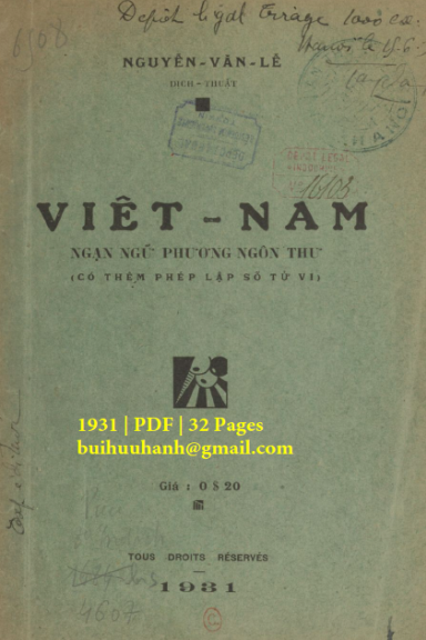 Việt Nam Ngạn Ngữ Phương Ngôn Thư (NXB Tân Dân 1931) - Nguyễn Văn Lễ, 32 Trang