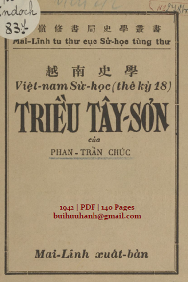 Việt Nam Sử Học Thế Kỷ 18 Triều Tây Sơn (NXB Mai Lĩnh 1942) - Phan Trần Chúc, 140 Trang
