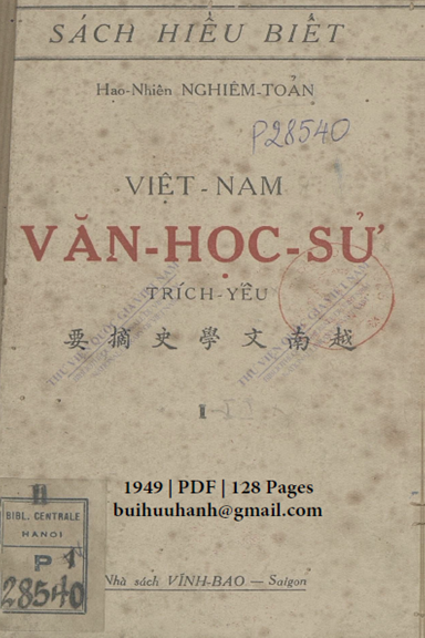 Việt Nam Văn Học Sử Trích Yếu Tập 1 (NXB Vĩnh Bảo 1949) - Nghiêm Toản, 128 Trang