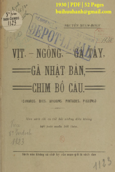 Vịt, Ngỗng, Gà Tây, Gà Nhật Bản, Chim Bồ Câu (NXB Thụy Ký 1930) - Nguyễn Xuân Định, 52 Trang