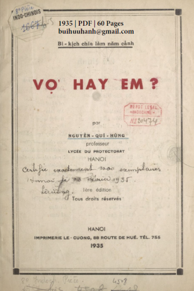 Vợ Hay Em (NXB Lê Cường 1935) - Nguyễn Quí Hùng, 60 Trang
