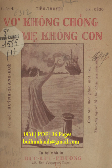 Vợ Không Chồng Mẹ Không Con Cuốn 1 (NXB Đức Lưu Phương 1931) - Huỳnh Quang Huê, 36 Trang